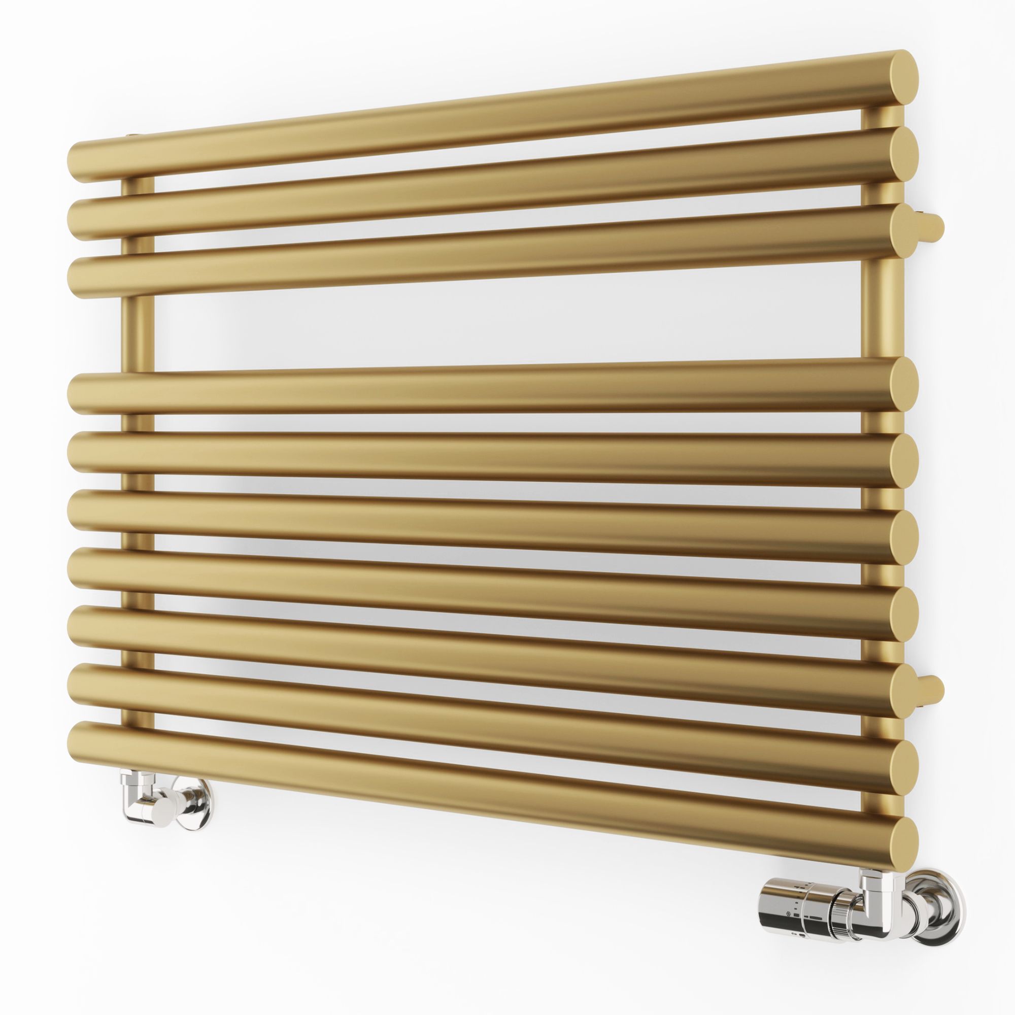 Brass heated towel rail with a sleek brown finish, featuring multiple horizontal bars and chrome fittings, designed for efficient towel drying.