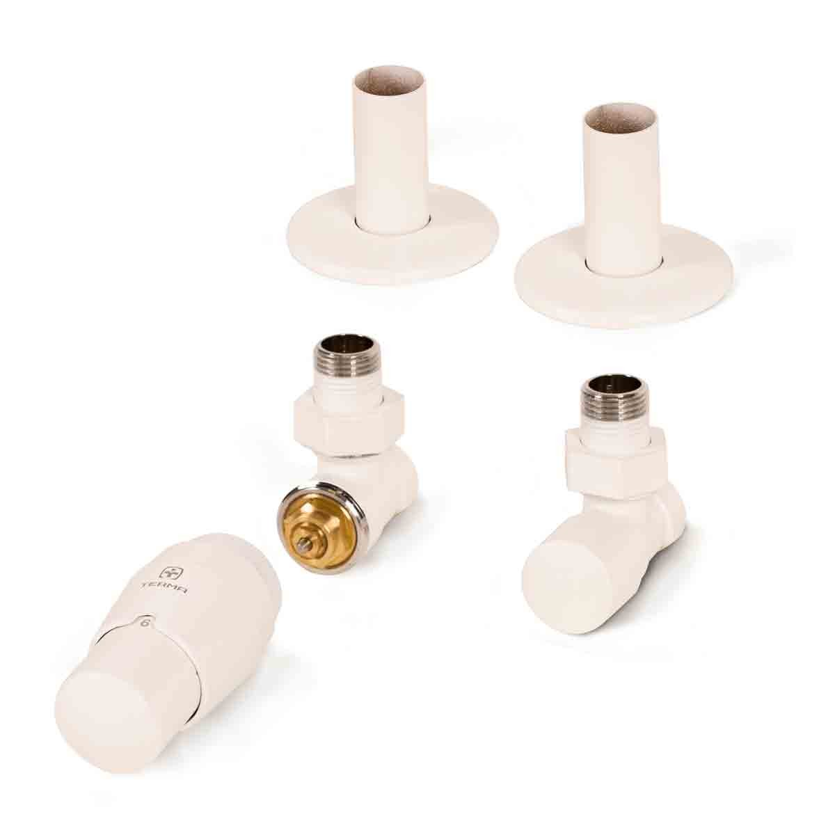 Royal Angled thermostatic TRV set in matte white, featuring soft 9016 finish, includes pipe masking set and left/right sided valves with brass accents.