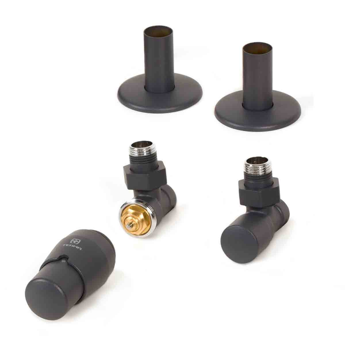 Modern grey thermostatic radiator valve set featuring angled design, brass components, and pipe masking set, suitable for left or right installation.