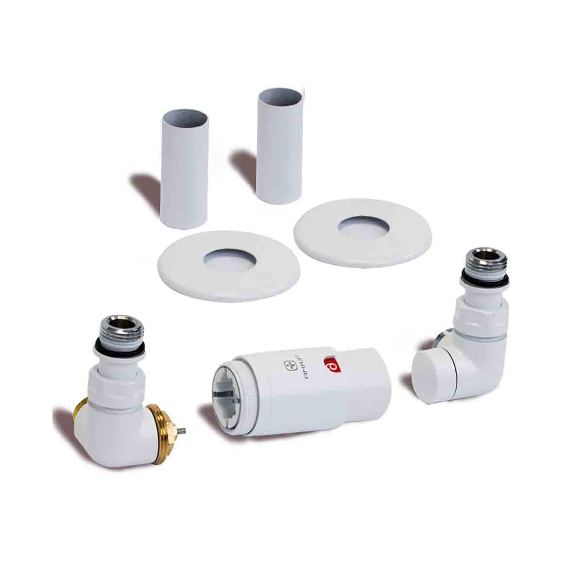 Terma Accessory Valves set in matte white, featuring left-sided 3-axis corner TRVs, pipe masking components, and two cylindrical pipe covers.