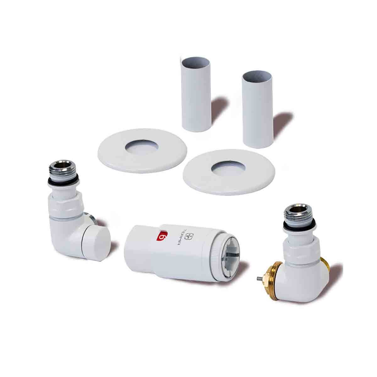 Terma Accessory Valves set in matte white, featuring three right-sided TRVs with pipe masking, includes two angled valves and matching covers for a seamless installation.