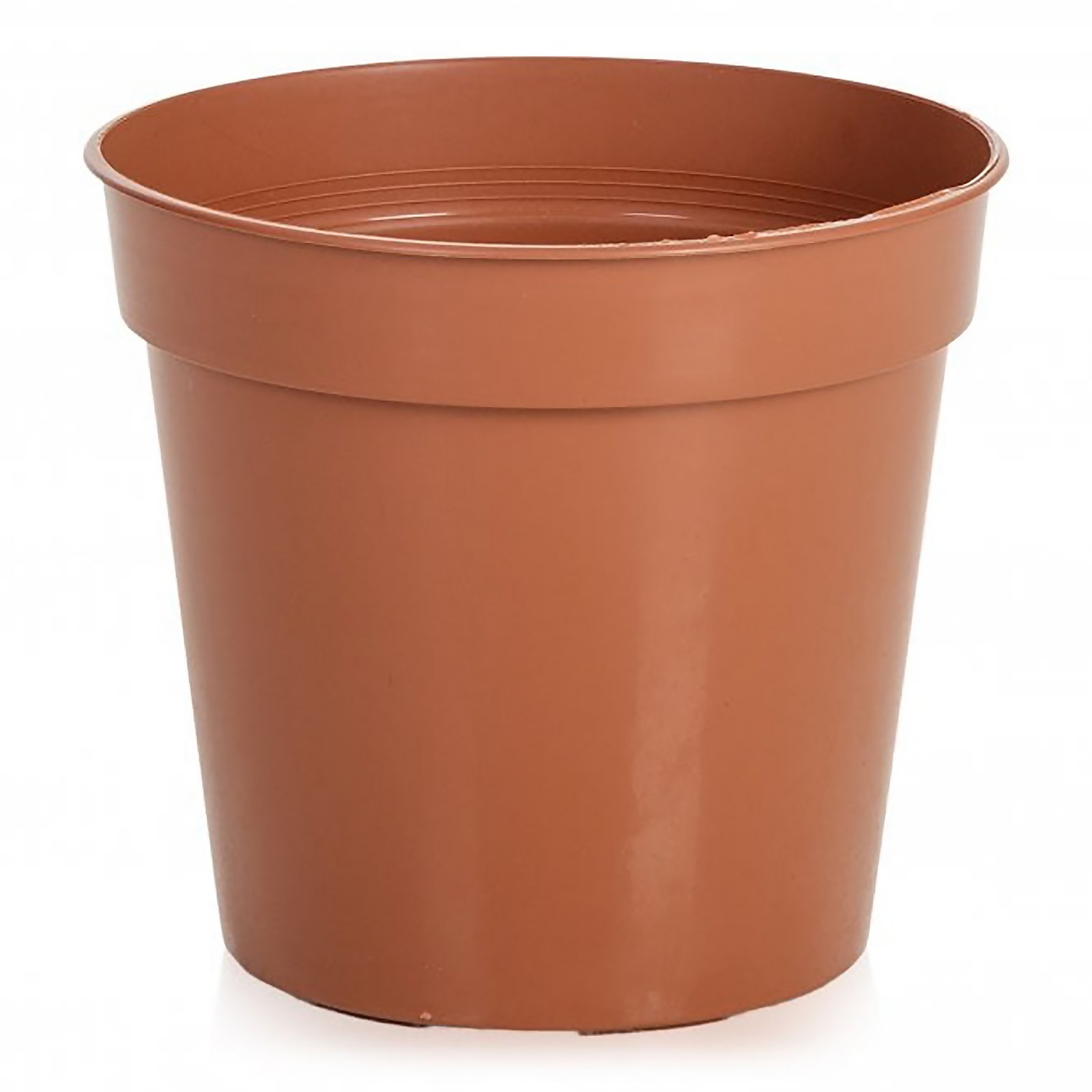 Terracotta-colored plastic flower pot, 30.5cm in height, featuring a smooth finish and a wide opening, ideal for planting flowers or herbs.