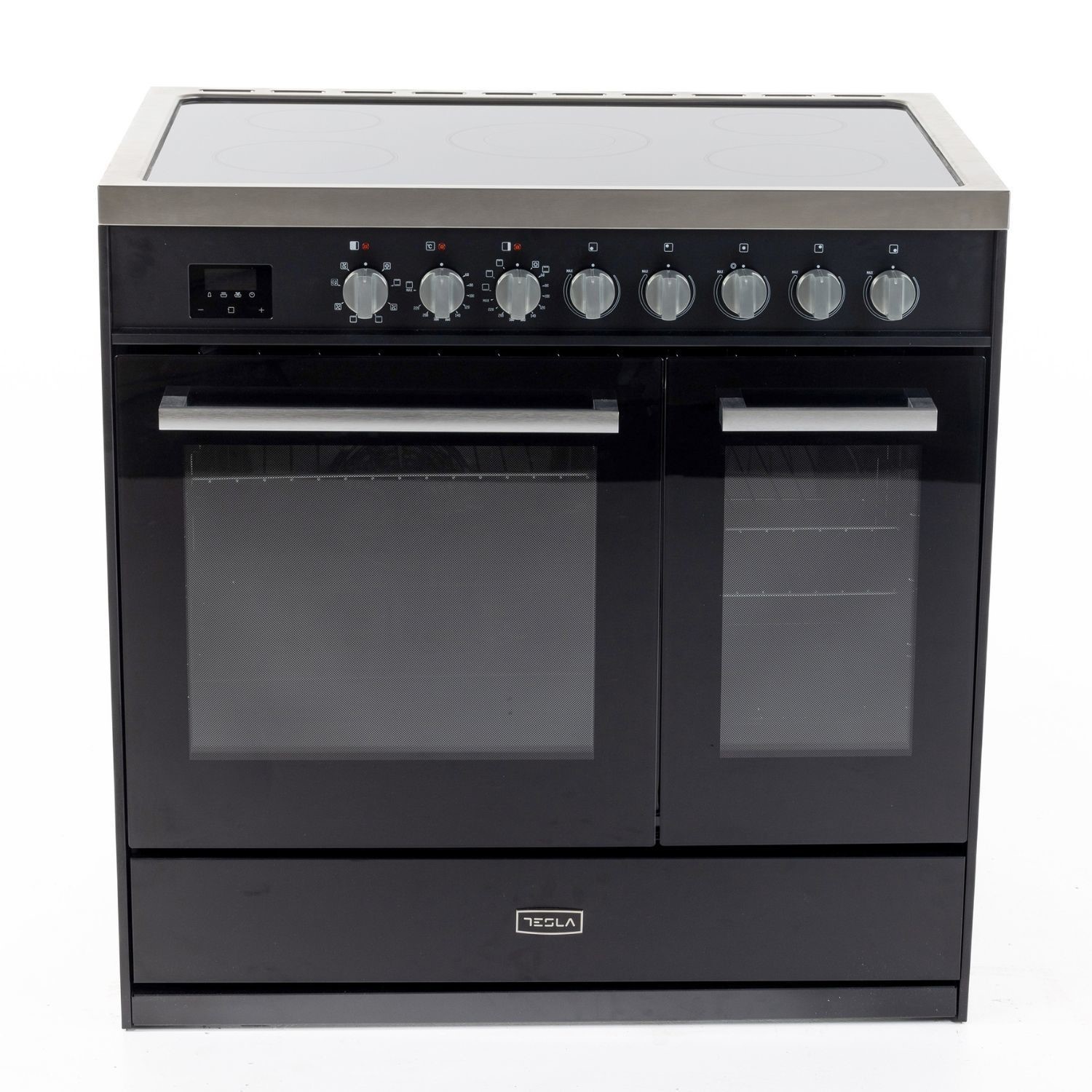 Tesla 90cm black ceramic range cooker features a sleek black finish, stainless steel trim, dual glass oven doors, and multiple control knobs for precise temperature settings.