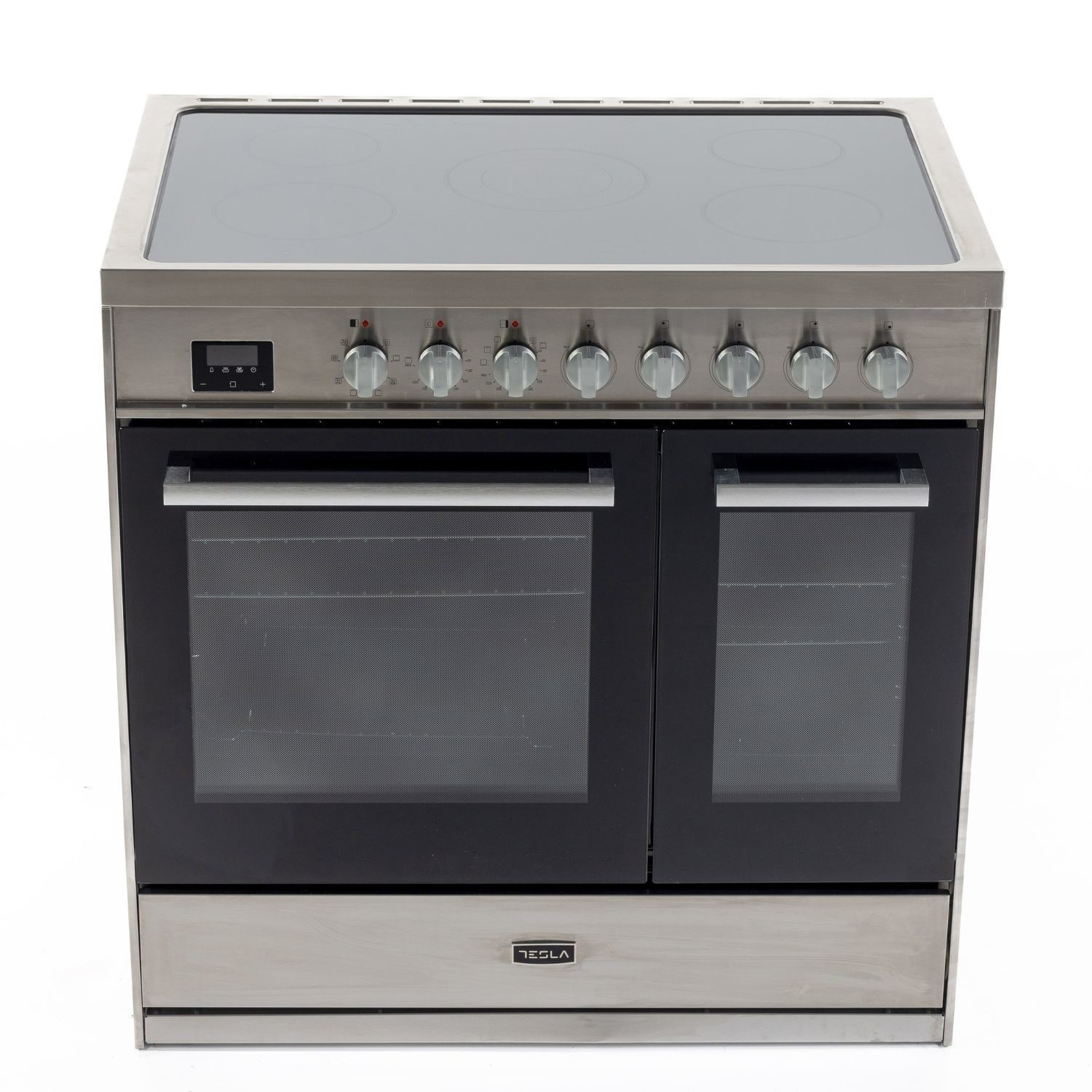 Stainless steel range cooker with a double cavity design, black glass doors, six control knobs, and a smooth ceramic cooktop, featuring a modern and sleek appearance.