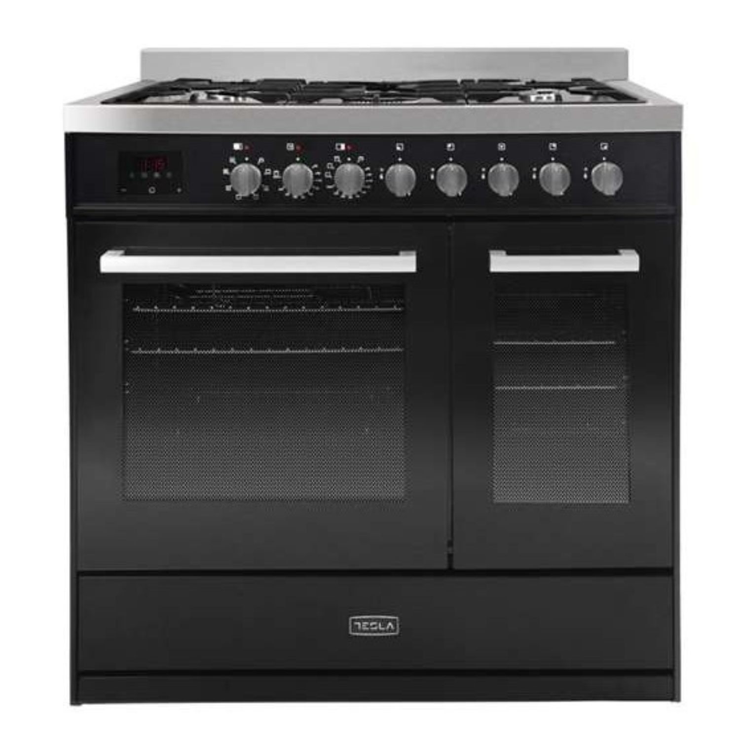 Tesla 90cm dual fuel range cooker in black with stainless steel accents, featuring multiple knobs, two oven doors, and a gas hob with five burners.