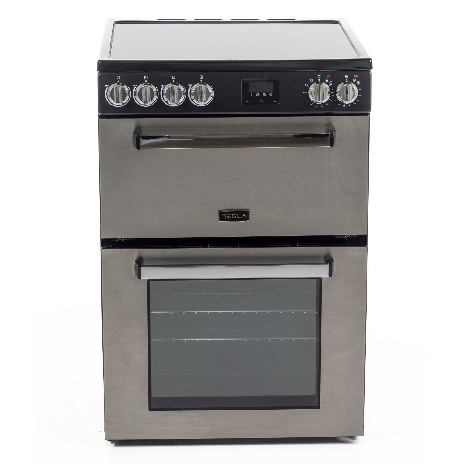 Stainless steel Tesla 60cm electric cooker featuring a sleek design, five control knobs, a digital display, and a large glass oven door with a grid pattern.