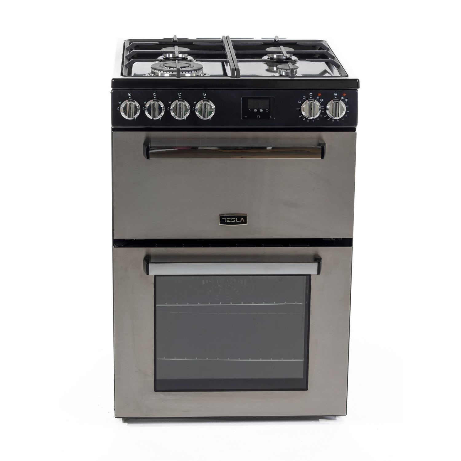 Stainless steel Tesla Series 3 dual fuel cooker featuring a black control panel, four gas burners, and a glass-fronted oven with a digital display.
