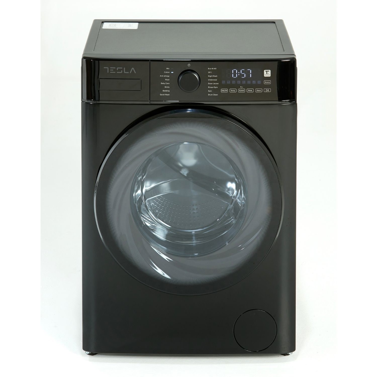 Freestanding black 8kg washing machine by Tesla featuring a transparent door, control panel with digital display, and sleek modern design.