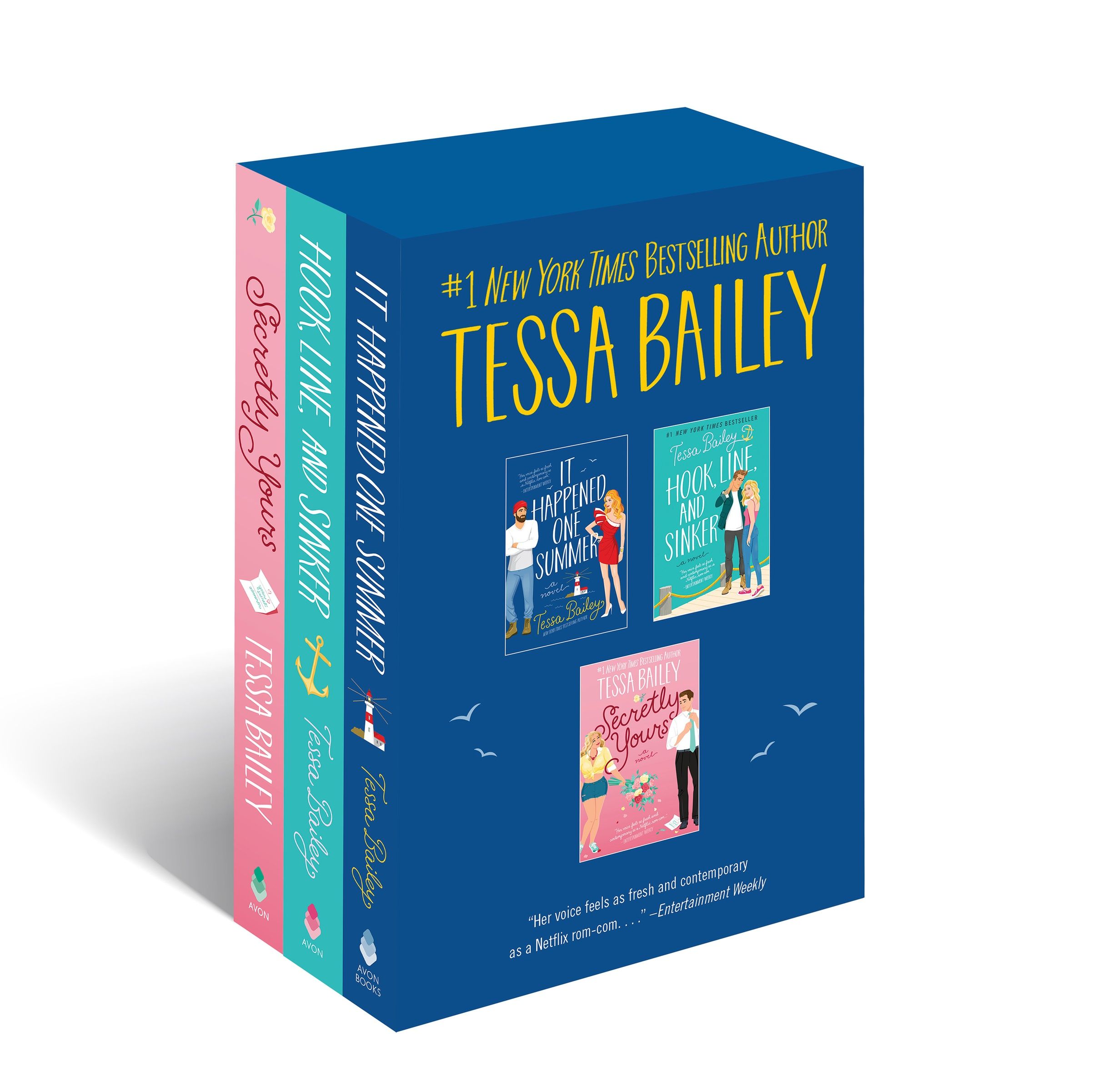 A boxed set of three books by Tessa Bailey, featuring colorful covers with illustrations, including titles "It Happened One Summer," "Hook, Line, and Sinker," and "Secretly Yours."