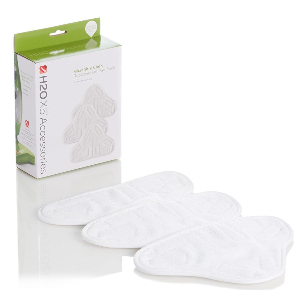 Three white microfiber cloths for the H2O X5 steam mop, displayed in front of a green and white box labeled "H2O X5 Accessories" with a clean, modern design.