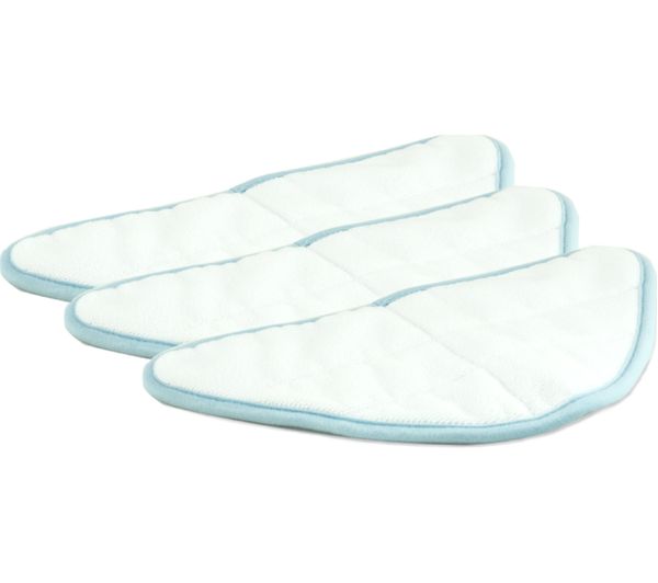 Three white microfiber cloths with light blue trim, designed for the H2O HD Steam Mop and Steam Cleaner, featuring a triangular shape for effective cleaning.