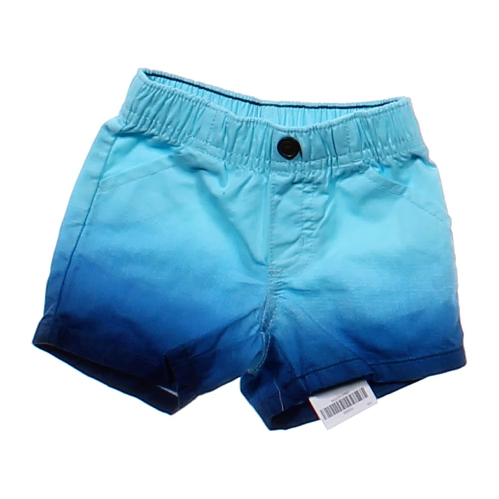 Light blue shorts with a gradient fade to darker blue at the hem, featuring an elastic waistband, front pockets, and a single button closure.