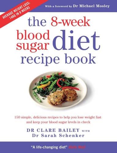 A colorful cookbook cover featuring a plate of food, with the title "The 8-Week Blood Sugar Diet Recipe Book" in bold blue and red text, and author names at the bottom.