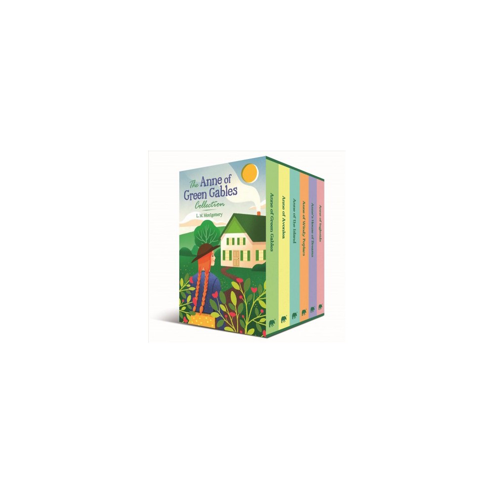 Colorful box set featuring "The Anne of Green Gables Collection" with illustrated cover, showcasing a house and a girl in a field, and five pastel-colored book spines.