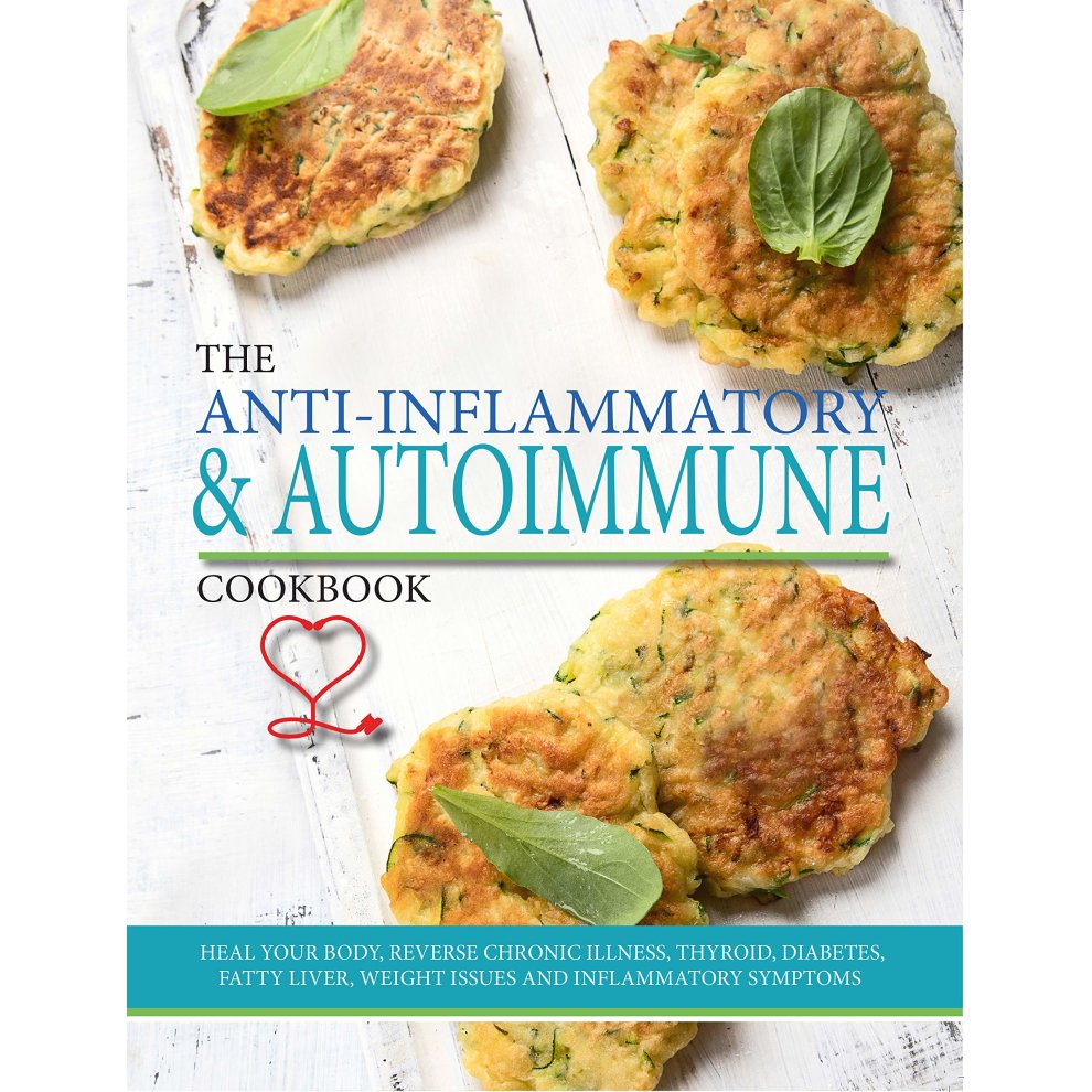 A cookbook cover featuring a light background, with the title "The Antiinflammatory & Autoimmune Cookbook" in bold blue and black text, alongside images of green vegetable fritters garnished with basil.