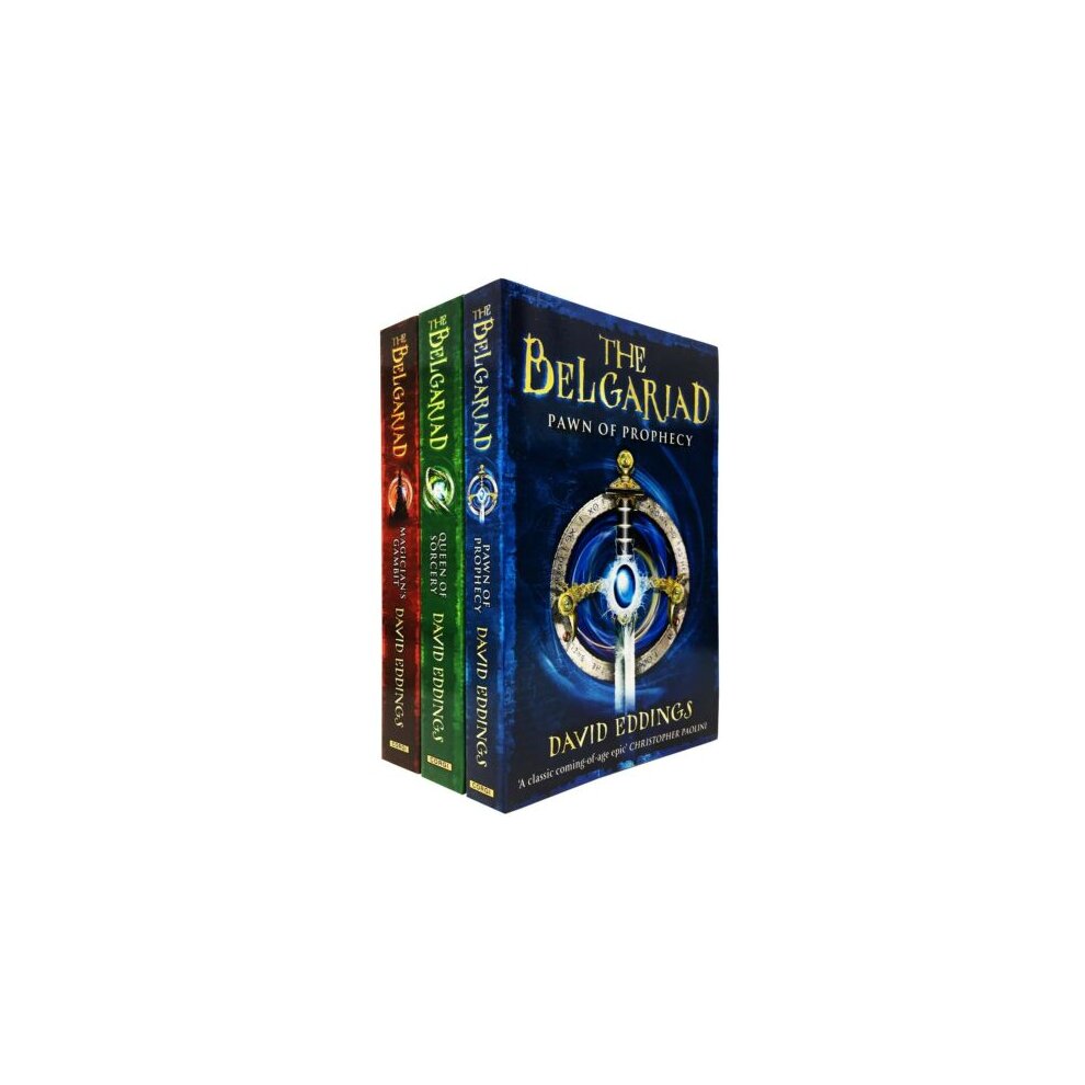 Three hardcover books from "The Belgariad" series by David Eddings, featuring colorful spines: blue for "Pawn of Prophecy," green for "Queen of Sorcery," and red for "Magician's Gambit."