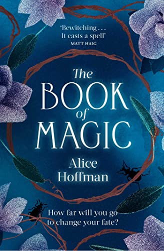 A vibrant blue book cover featuring the title "The Book of Magic" in elegant white font, adorned with glittery purple flowers and swirling brown vines.