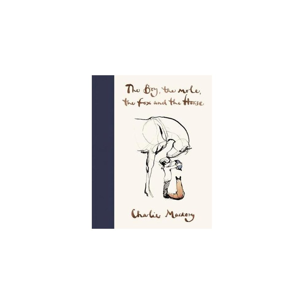 A hardcover book with a beige cover featuring a simple illustration of a boy, a horse, and a fox, along with the title and author’s name in a handwritten style.