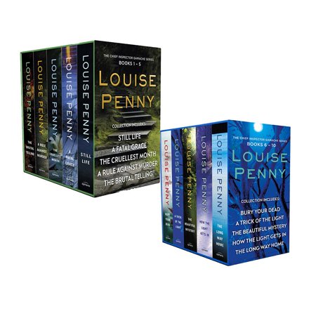 A collection of ten paperback books by Louise Penny, featuring colorful covers with nature scenes and titles in bold text, organized in two sets labeled "Books 1-5" and "Books 6-10."