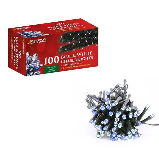 100 LED blue and white chaser lights on a green wire, featuring ultra-bright bulbs, packaged in a red and white box for indoor and outdoor use.