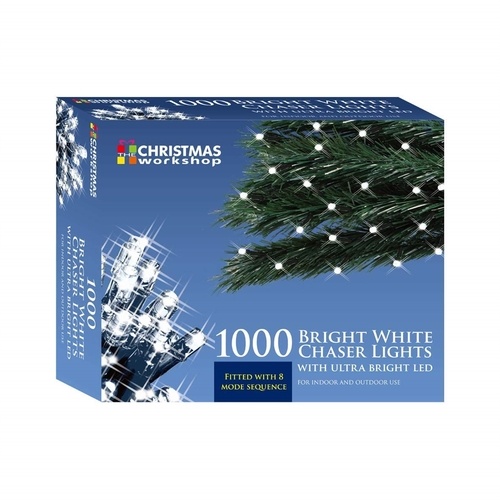 White box featuring "Christmas Workshop" branding, displaying "1000 Bright White Chaser Lights" with ultra-bright LED, designed for indoor and outdoor use, showcasing a snowy background.