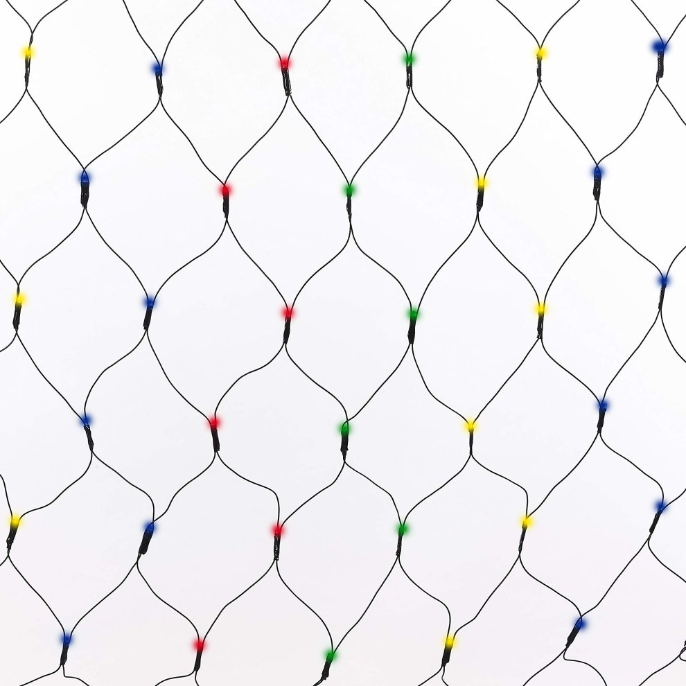 Multi-colored 180 LED net chaser lights on a black mesh, featuring red, blue, green, and yellow bulbs evenly spaced, ideal for festive decorations.