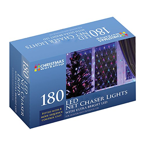 Warm white 180 LED net chaser lights in a blue box, featuring a model sequence control unit, suitable for indoor and outdoor use, ideal for festive decorations.