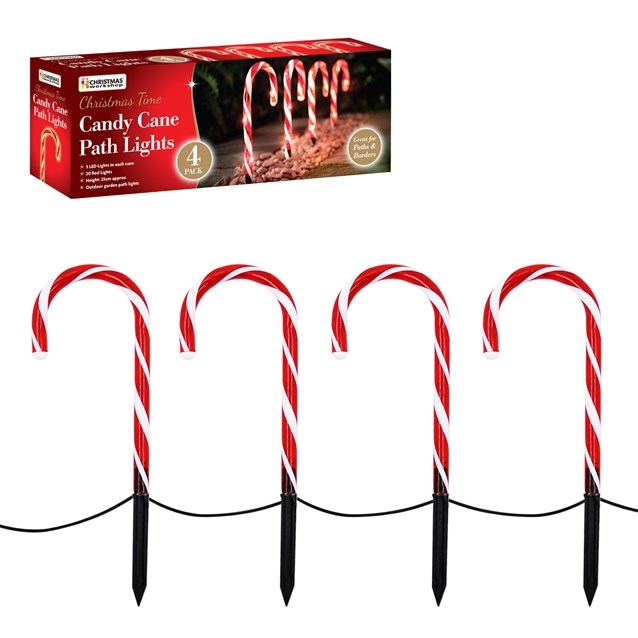 Four red and white striped candy cane path lights with LED bulbs, featuring black stakes for easy installation, packaged in a festive box.