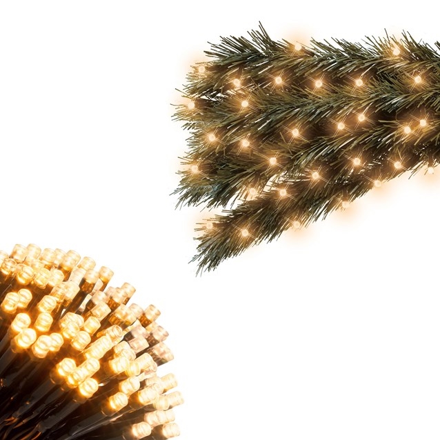 Warm gold LED chaser lights with a timer feature, featuring a mix of soft glowing bulbs on a flexible green wire, ideal for festive decorations.