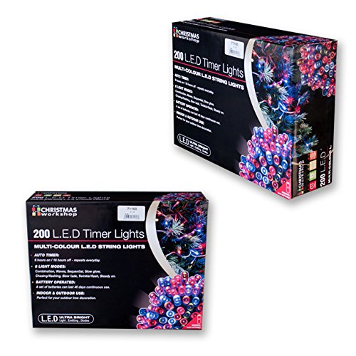 Two boxes of Christmas Workshop 200 LED battery-operated timer lights, featuring multi-coloured bulbs, with details on auto timer and light settings visible on the packaging.