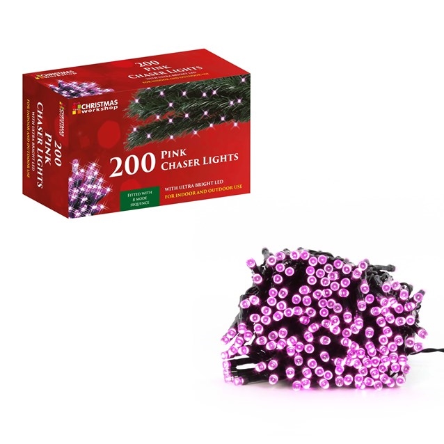 200 LED pink chaser lights with a black wire, designed for indoor and outdoor use, packaged in a colorful box featuring product details and branding.
