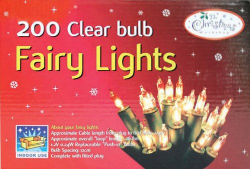 Clear fairy lights with 200 bulbs on a red and white packaging, featuring snowflakes, details on cable length, bulb spacing, and a fitted plug for indoor use.
