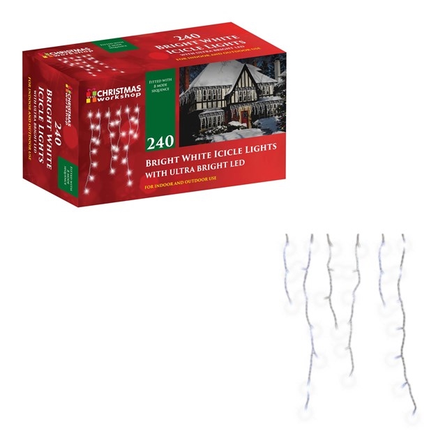 240 bright white LED icicle lights in a box, featuring multiple strands hanging down, designed for indoor and outdoor use, with a festive and decorative appearance.