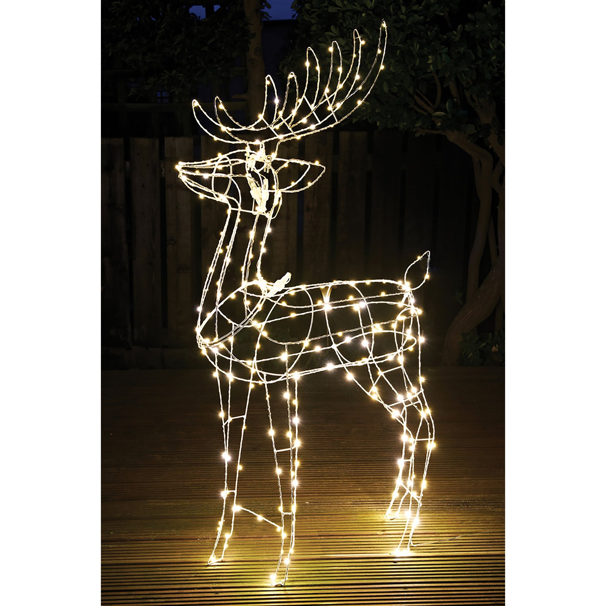 A 115cm tall illuminated reindeer made of white LED lights, featuring a wireframe design with antlers, standing on a wooden deck against a dark background.