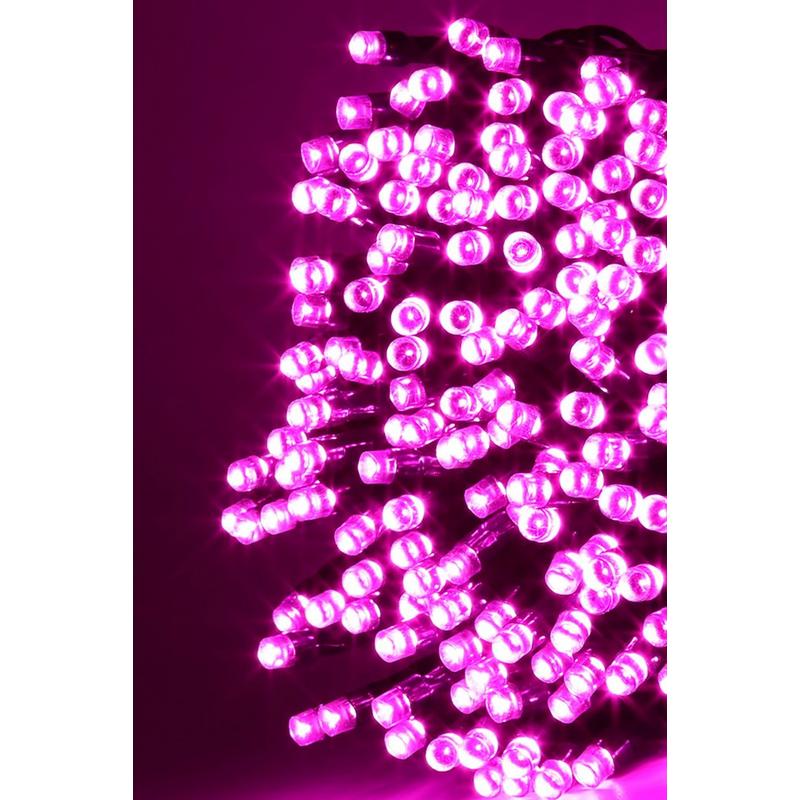 Bright pink LED chaser lights with 300 bulbs on a flexible black wire, designed for festive lighting, creating a vibrant, twinkling effect.