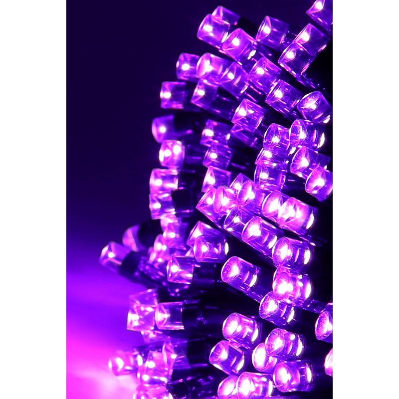 300 LED purple chaser lights with a vibrant glow, featuring clear plastic bulbs arranged closely together, ideal for festive decorations.