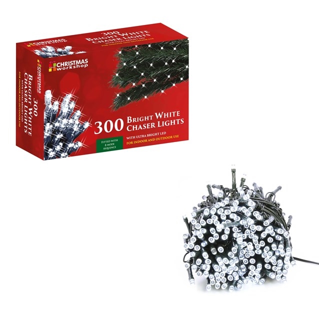 Bright white LED chaser lights in a tangled bundle, featuring 300 bulbs, packaged in a colorful box labeled "Christmas Workshop" for indoor and outdoor use.