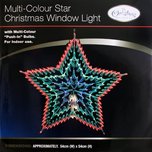 Multi-colour LED star silhouette light featuring vibrant green, red, and blue bulbs, designed for indoor use, with a size of approximately 54cm x 54cm.