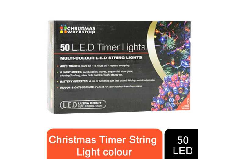50 LED multi-colour battery-operated timer string lights in a box, featuring bright lights, an auto timer function, and suitable for indoor or outdoor use.