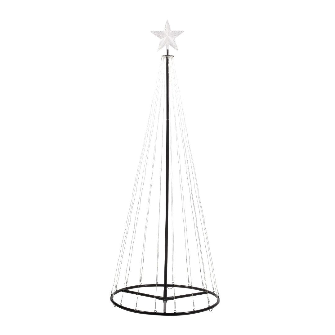 A 6ft outdoor cone tree made of a black metal frame, adorned with warm white LED lights and topped with a sparkling star.