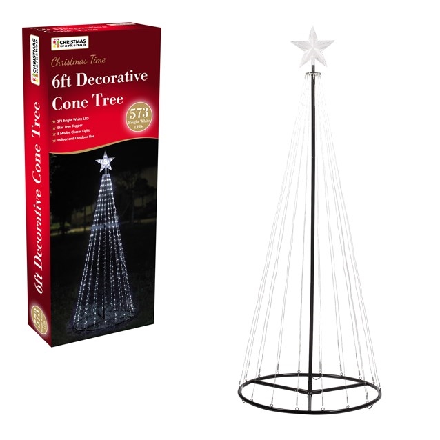 6ft tall outdoor cone tree made of white LED lights, featuring a star topper, mounted on a black metal frame, packaged in a festive red box.