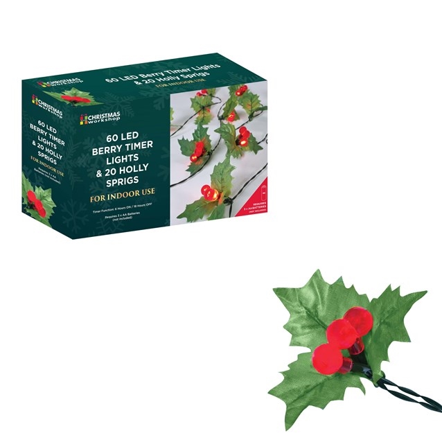 Battery-operated Christmas lights featuring 60 LED bulbs, 20 holly sprigs with red berries, designed for indoor use, packaged in a festive green box.
