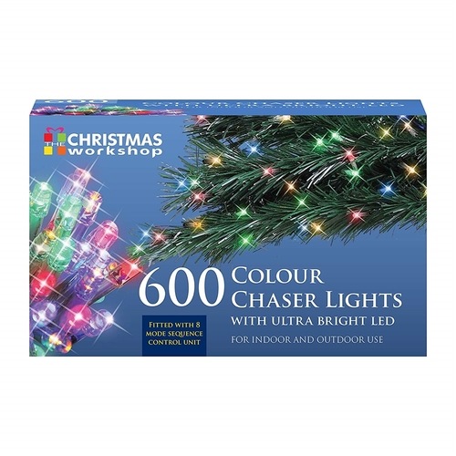 600 LED multi-coloured chaser lights in a blue box, featuring ultra-bright LEDs, suitable for indoor and outdoor use, with an 8-mode sequence control unit.