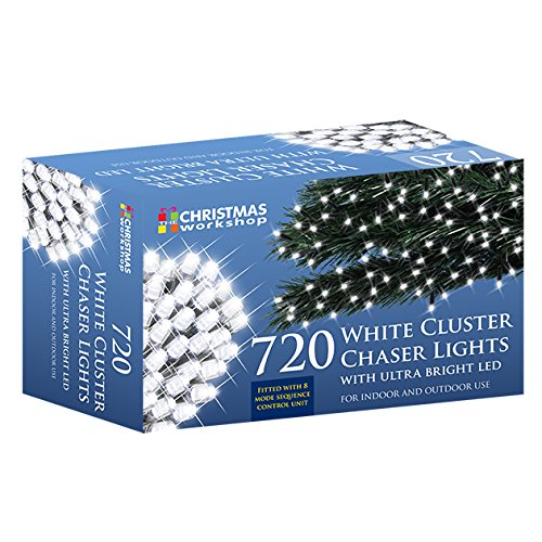 720 LED warm white chaser cluster lights in a colorful box, featuring a control unit for indoor and outdoor use, with bright, clustered white bulbs.