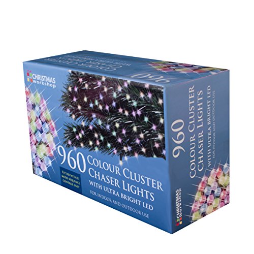 960 LED multi-colour chaser cluster lights in a blue box, featuring bright LEDs, suitable for indoor and outdoor use, with a decorative design showcasing the lights on a tree.