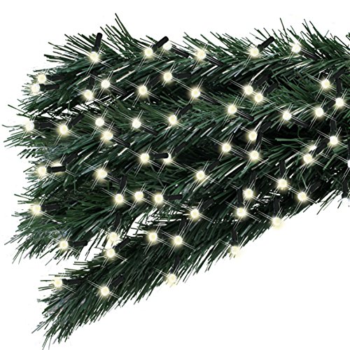 Warm white LED cluster lights on a green, pine-like garland, featuring multiple glowing bulbs for a festive, decorative effect.