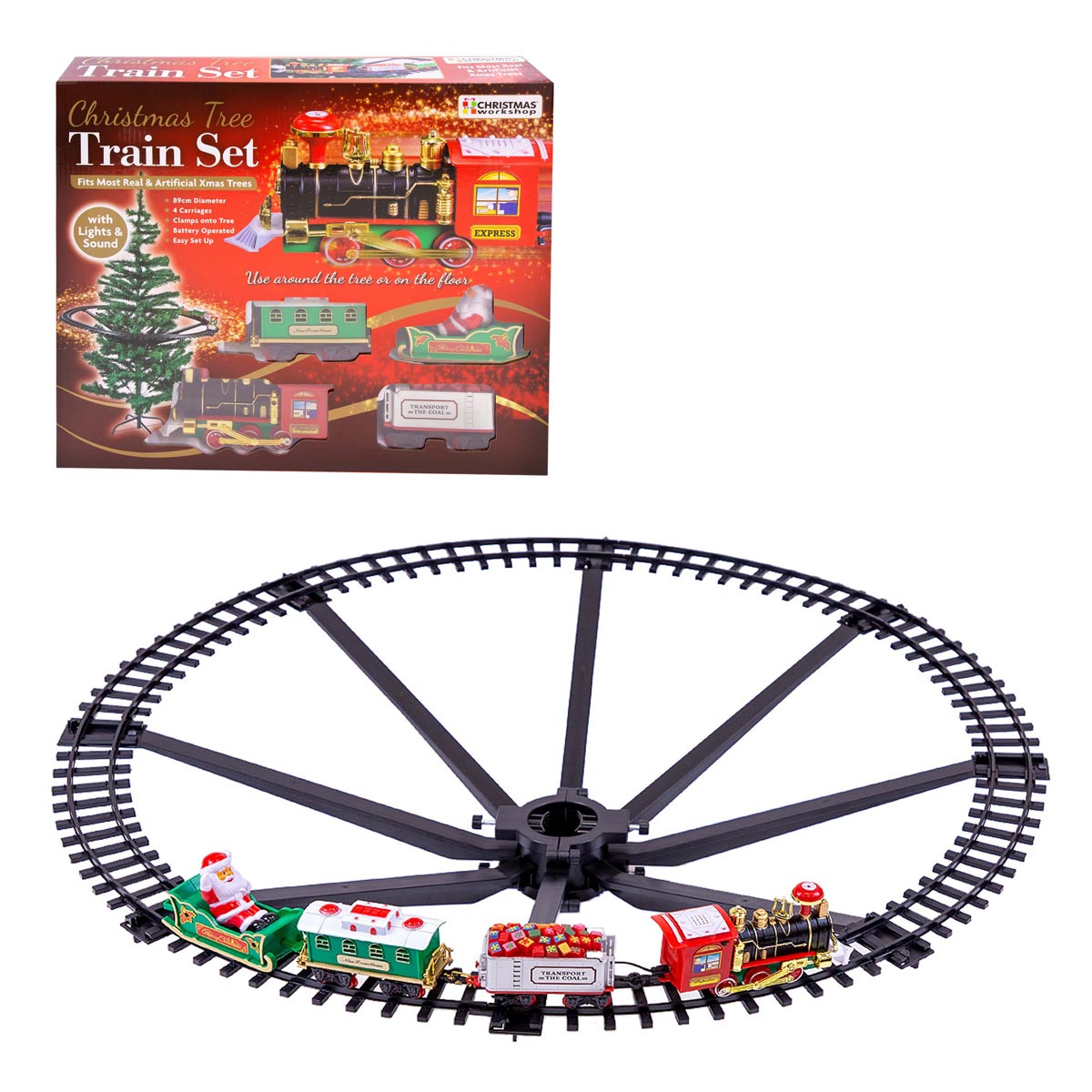 Colorful Christmas Tree Train Set featuring a black circular track, decorated train cars, and a festive box with a tree and holiday designs.