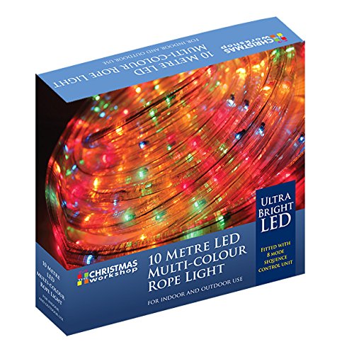 10m LED multi-coloured rope light in a clear plastic casing, featuring bright red, green, blue, and yellow lights, with a speed control unit for indoor and outdoor use.