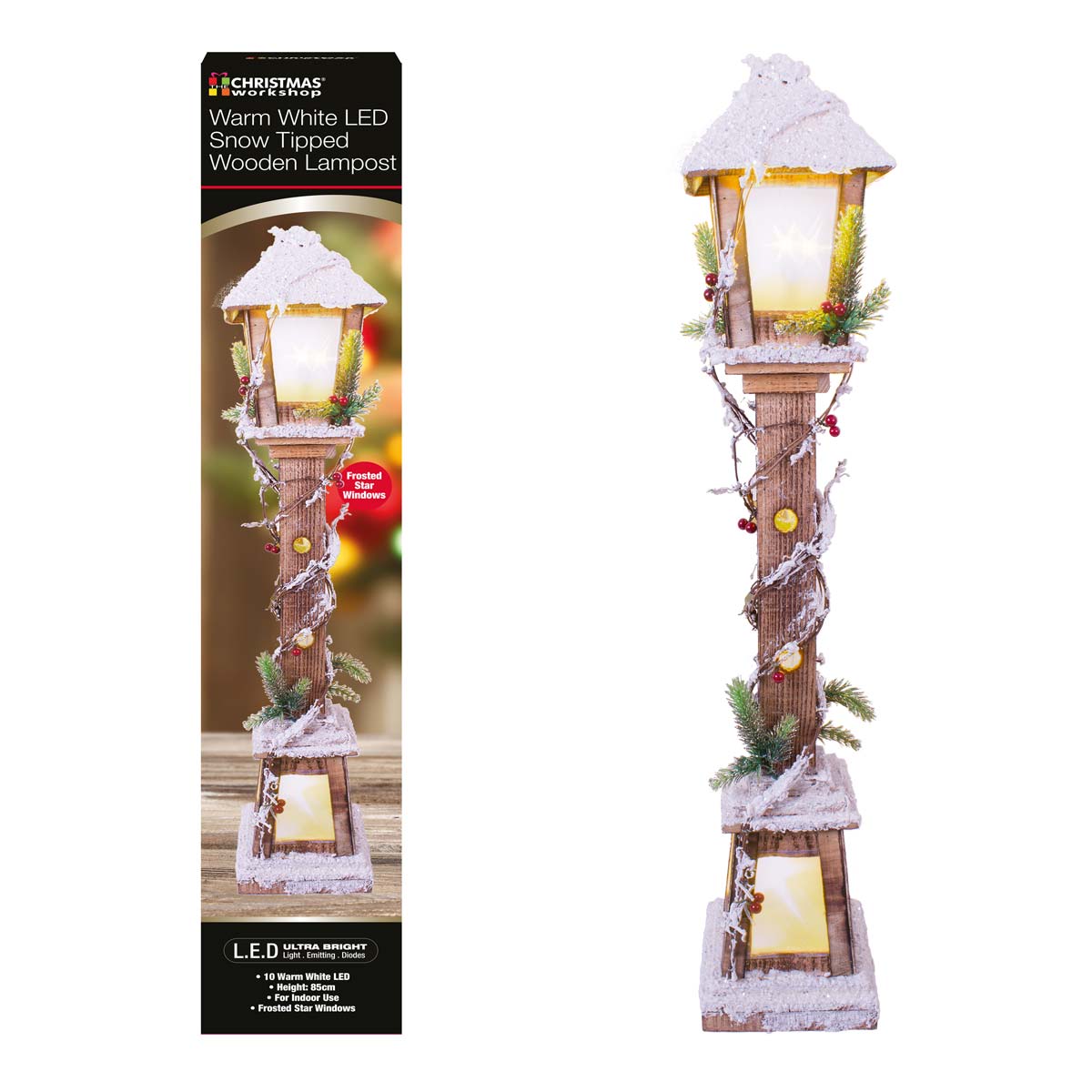 85cm wooden lamp post with a snow-tipped top, warm white LED light, decorated with greenery and berries, featuring a square base and a charming rustic design.