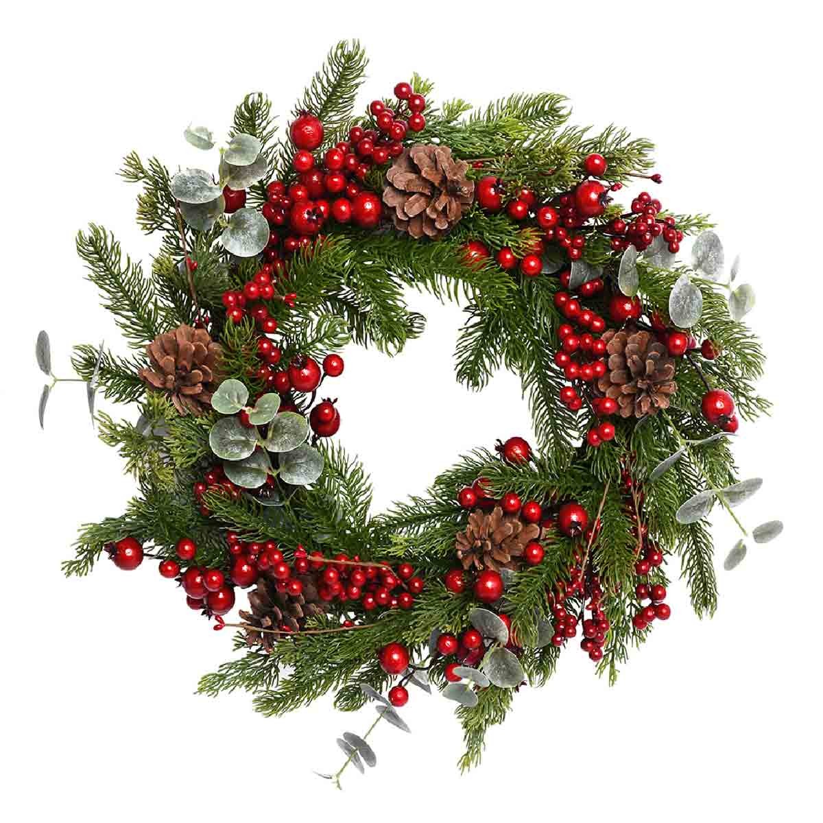 A 45CM Christmas wreath featuring lush green foliage, red berries, pinecones, and eucalyptus accents, creating a festive and vibrant holiday decoration.